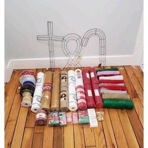 Wreath Making Supplies Lot Deco Mesh, Ribbon, String Lights, Wreath Form Frames